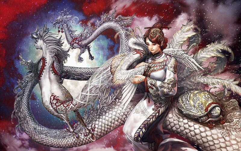 Woman with Winged Dragons — Red