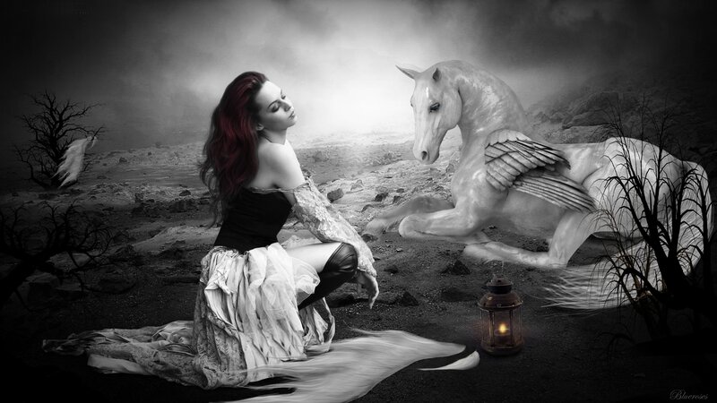 Woman with Winged Horse — Black, Dramatic