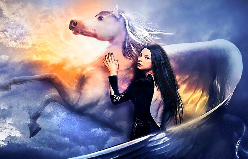 Woman with Winged Horse — Blue, Dramatic