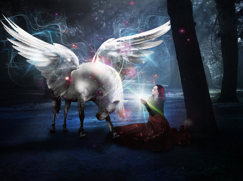 Woman with Winged Horse — Blue, Mystical