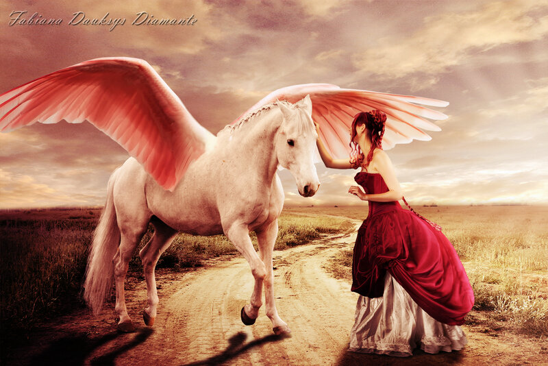 Woman with Winged Horse — Red, Dramatic