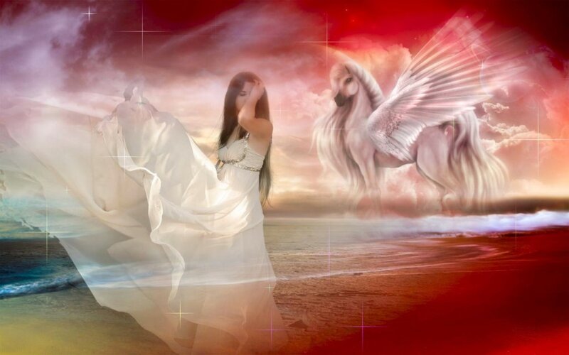 Woman with Winged Horse — Red