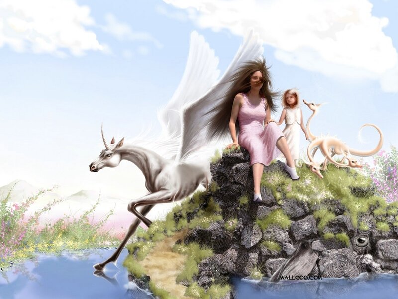 Woman with Winged Unicorn — White