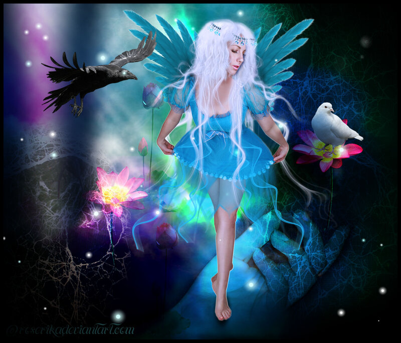 Woman with Wings and Birds — Blue