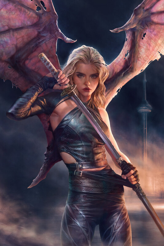 Woman with Wings and Sword — Black, Dramatic, Night