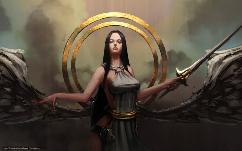 Woman with Wings and Sword — Gray, Dramatic