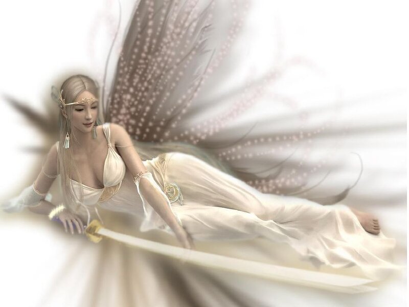 Woman with Wings and Sword — White