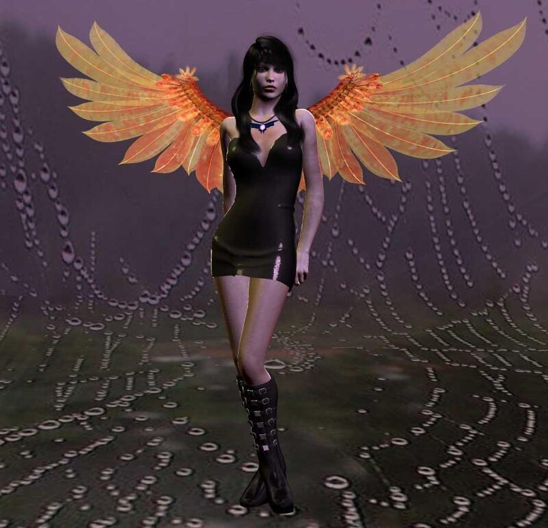Woman with Wings — Black, Dramatic, 3d Render, Dress