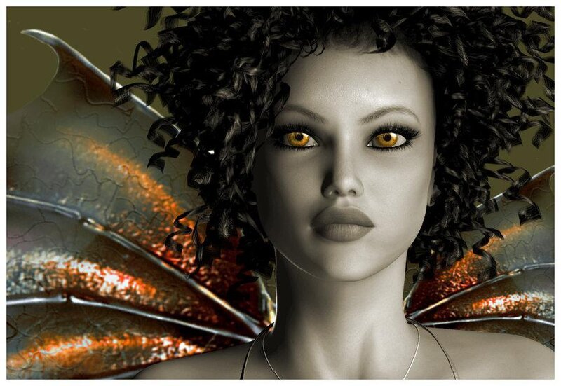 Woman with Wings — Black, Dramatic, Digital Art, Curly Hair