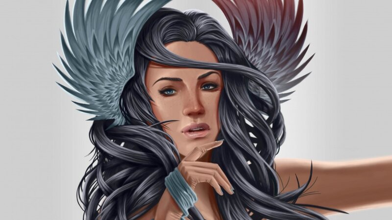 Woman with Wings — Gray, Dramatic, Digital Art