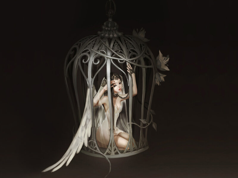 Woman with Wings in Cage — Black, Dramatic