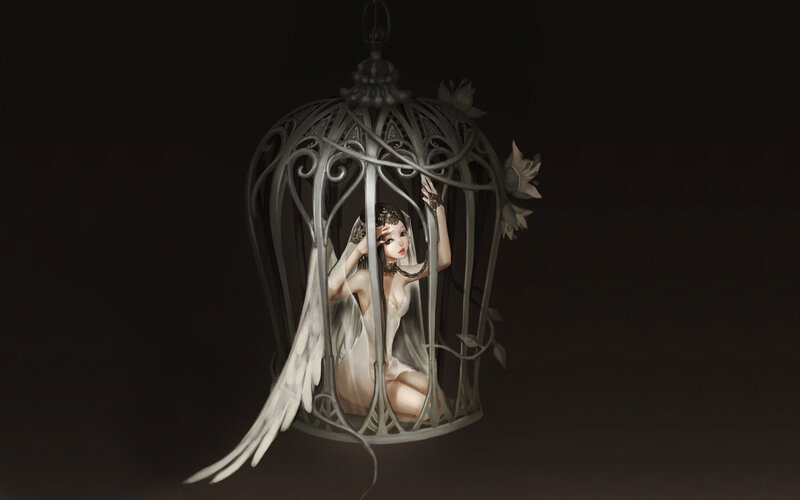 Woman with Wings in Cage — Black