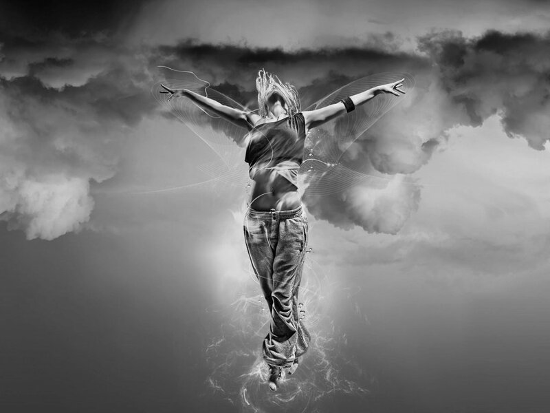 Woman with Wings in Clouds — Black