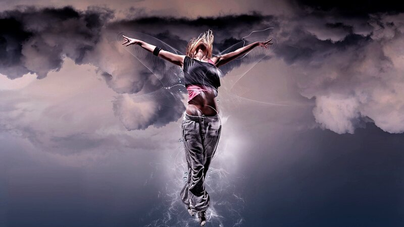 Woman with Wings in Clouds — Gray, Dramatic