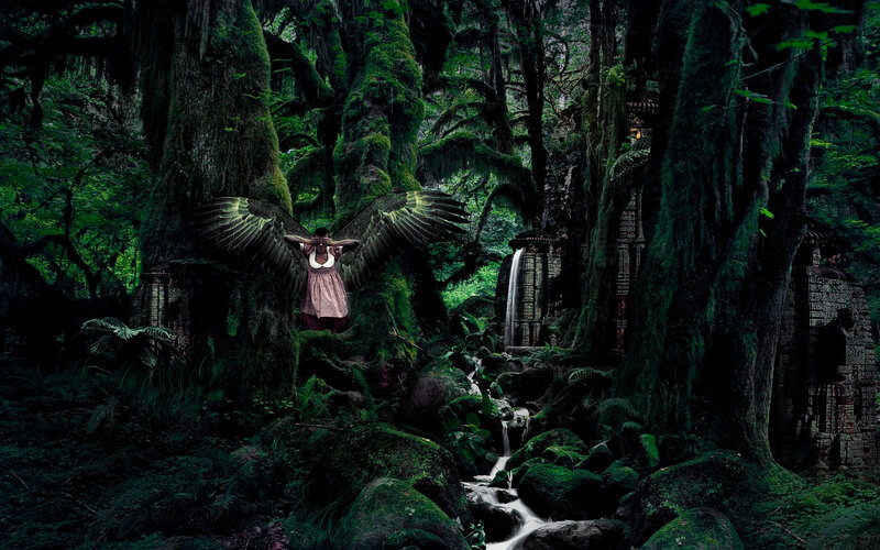 woman with wings in forest