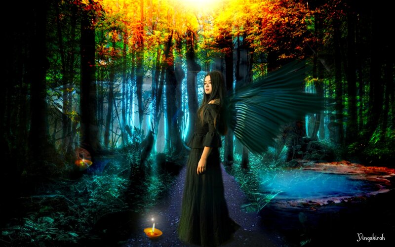 Woman with Wings in Forest — Black, Mystical
