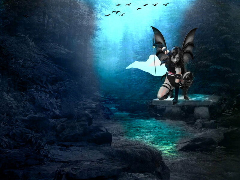 Woman with Wings in Forest — Blue, Dramatic