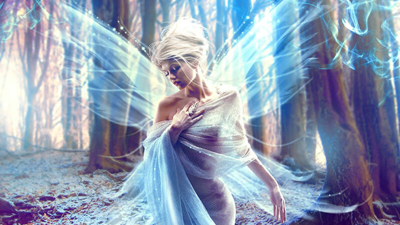 Woman with Wings in Forest — Blue, Ethereal
