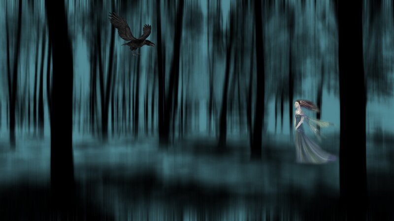 Woman with Wings in Forest — Blue, Mysterious