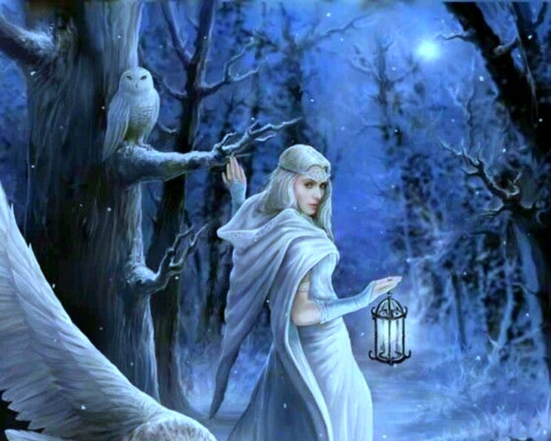 Woman with Wings in Forest — Blue, Mystical, Night, Digital Art