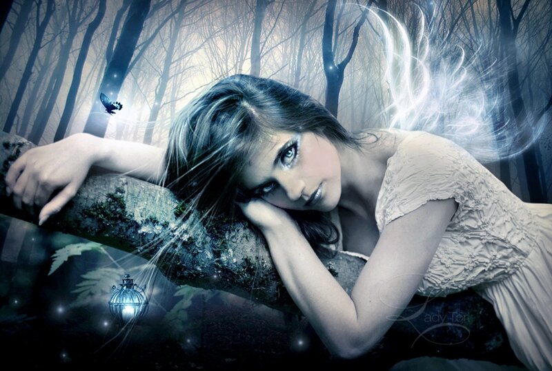 Woman with Wings in Forest — Blue, Mystical
