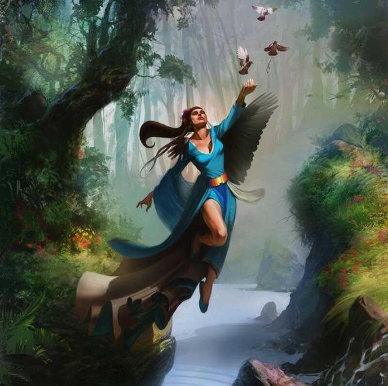 Woman with Wings in Forest — Blue, Serene