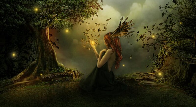 Woman with Wings in Forest — Green, Mystical, Night, Digital Art