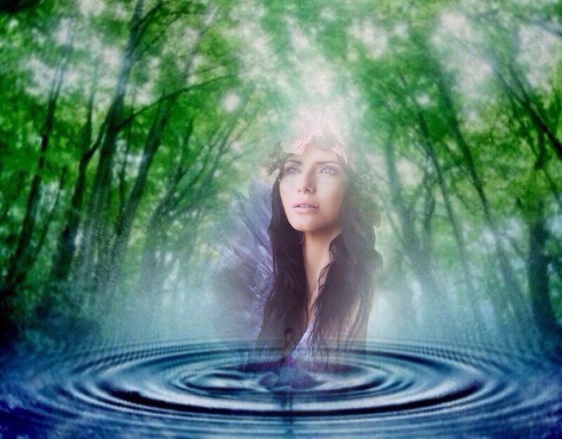 Woman with Wings in Forest — Green, Serene, Digital Art, Water