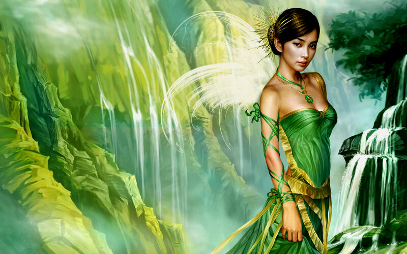 Woman with Wings in Forest — Green, Serene, Digital Art, Waterfall