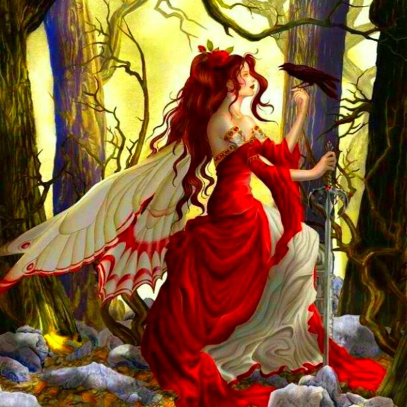 Woman with Wings in Forest — Red, Dramatic, Night
