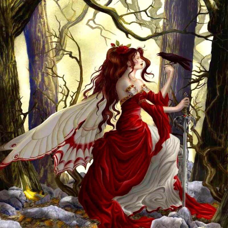 Woman with Wings in Forest — Red, Dramatic