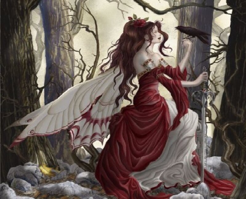 Woman with Wings in Forest — Red