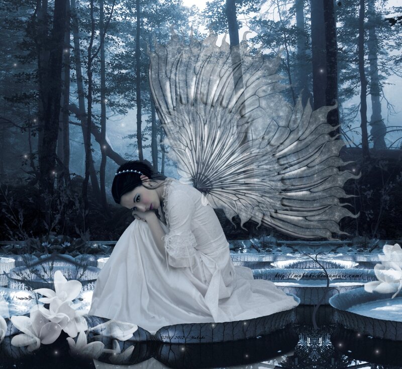Woman with Wings in Forest — White, Melancholic