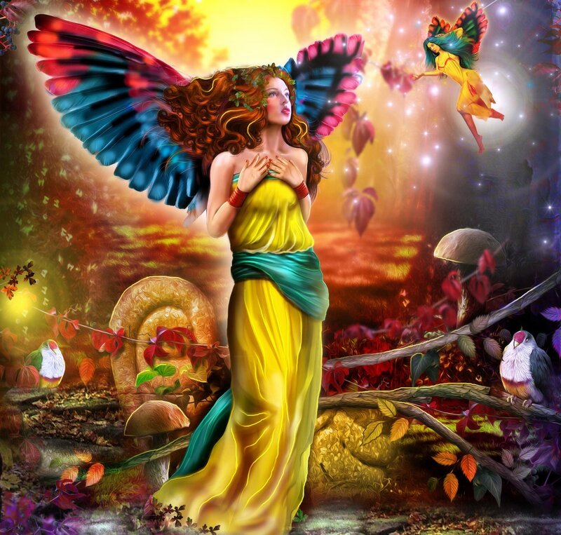 Woman with Wings in Forest — Yellow, Magical