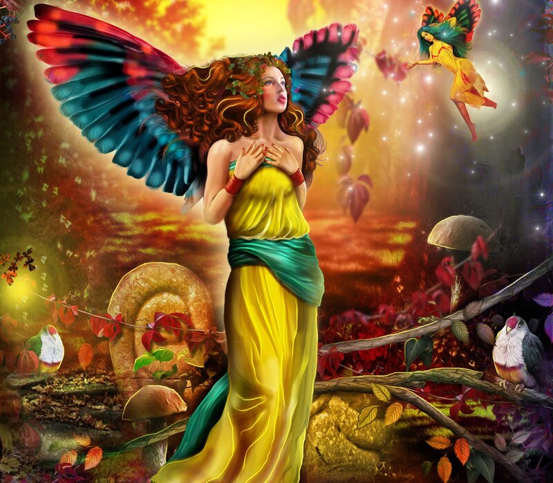 Woman with Wings in Forest — Yellow