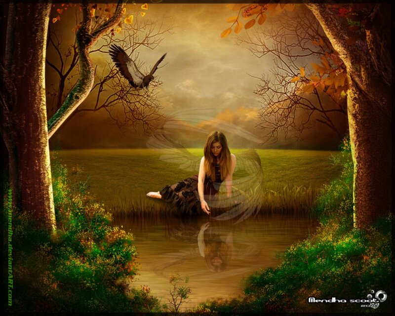 Woman with Wings in Pond — Green