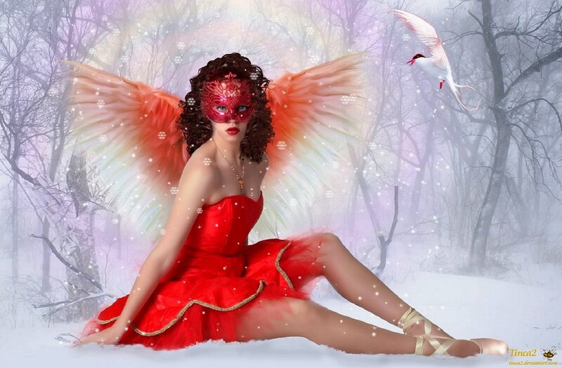Woman with Wings in Snow — Red