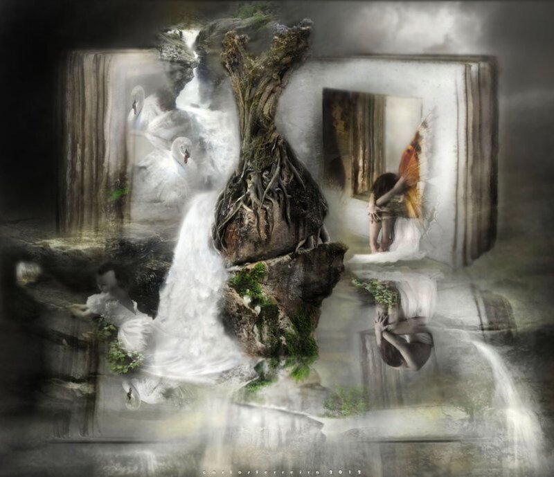 Woman with Wings in Surreal Scene