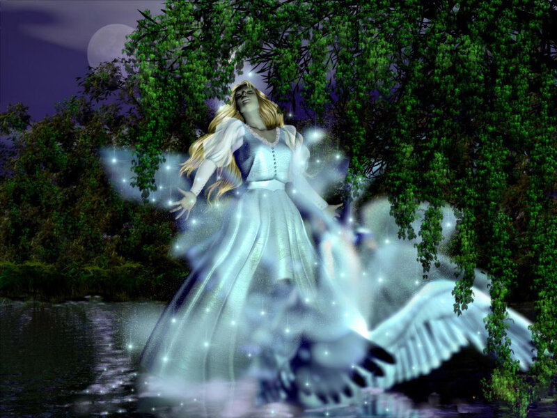 Woman with Wings in Water — Green, Serene, Night