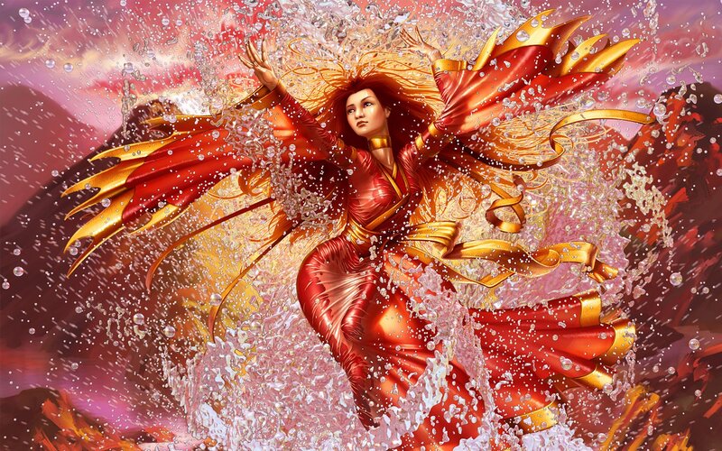 Woman with Wings in Water — Red, Dramatic