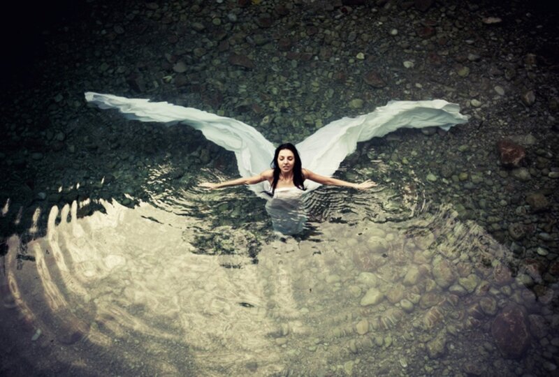 Woman with Wings in Water — White