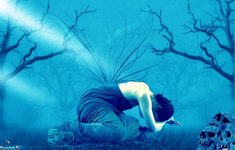 Woman with Wings Kneeling — Blue, Dramatic