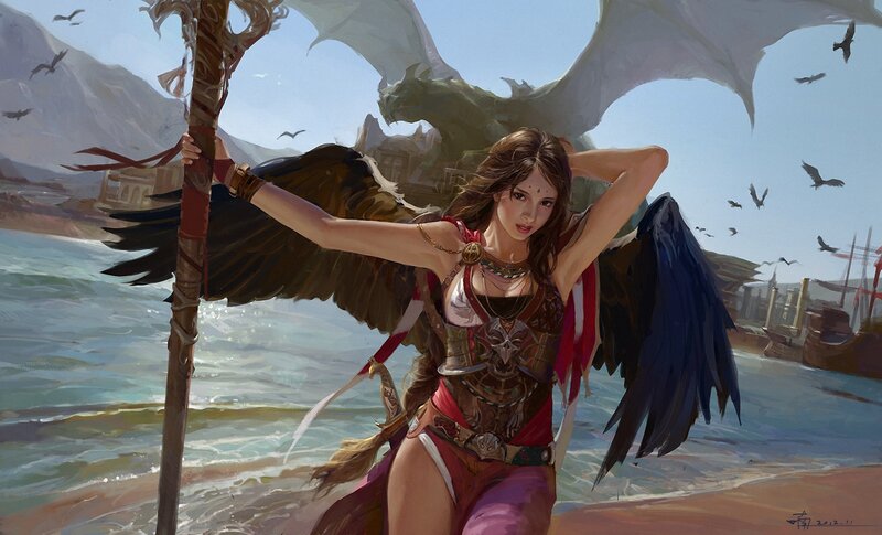 Woman with Wings on Beach — Blue, Dramatic, Afternoon