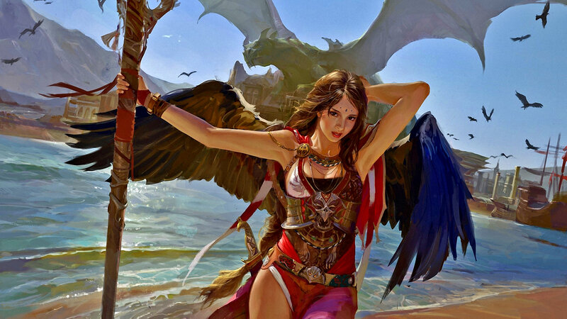Woman with Wings on Beach — Blue, Dramatic