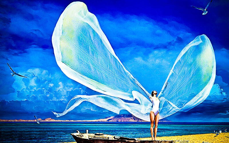 Woman with Wings on Beach — Blue