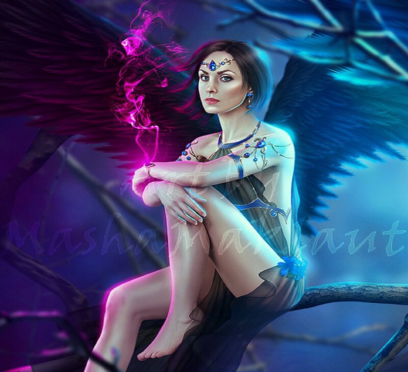 Woman with Wings on Branch — Purple