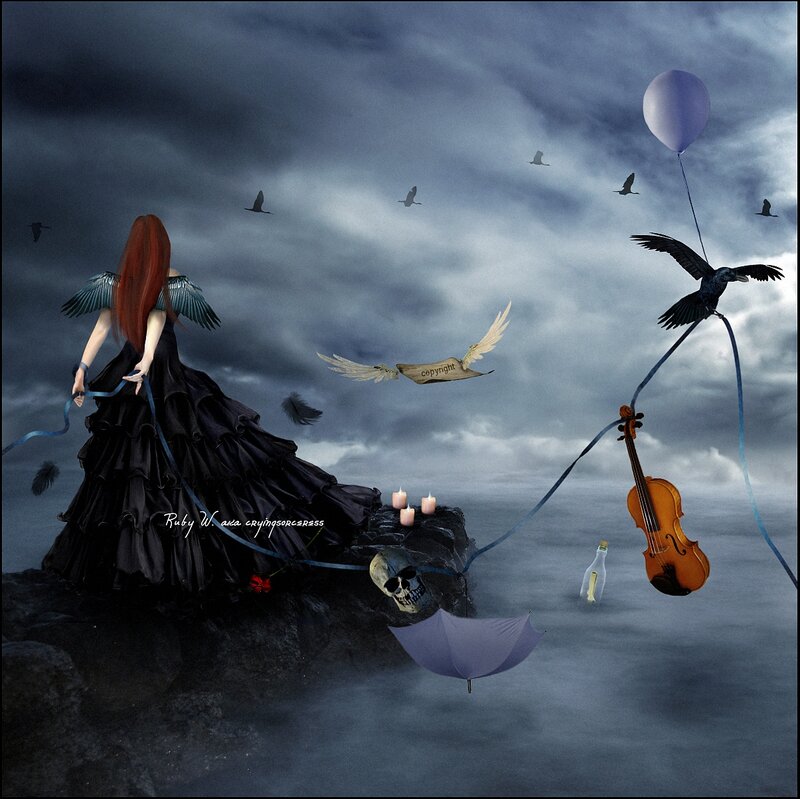 Woman with Wings on Cliff — Black