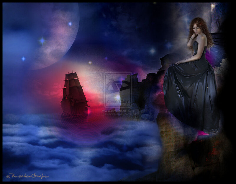 Woman with Wings on Cliff — Blue, Dramatic