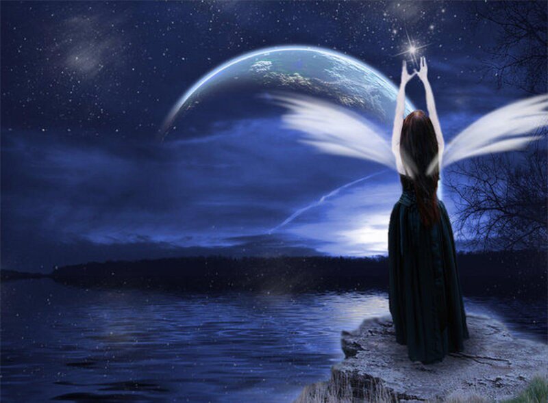 Woman with Wings on Cliff — Blue, Serene
