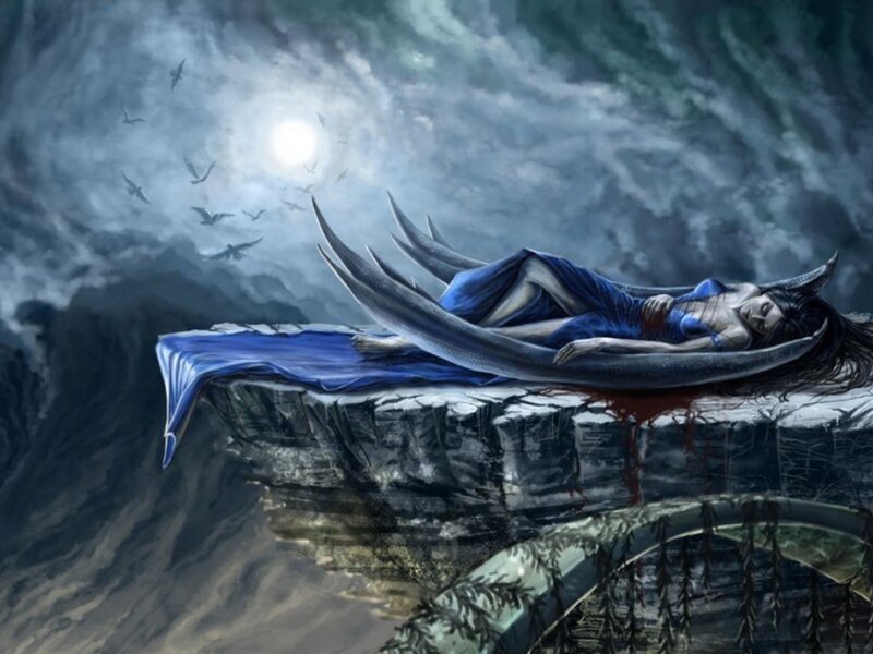 Woman with Wings on Cliff — Blue